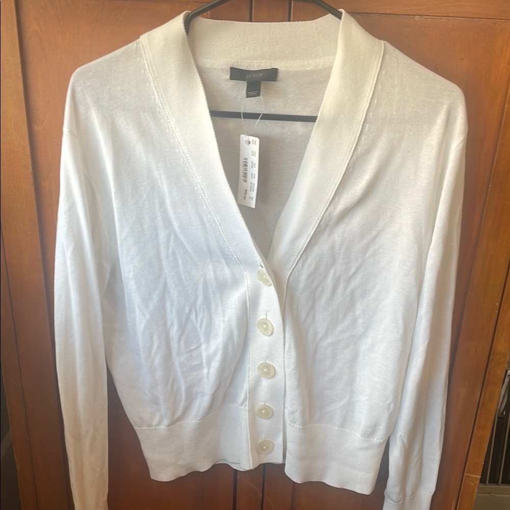 White Cardigan Sweater with V-Neck and Long Sleeves